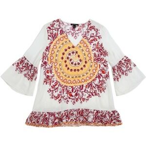 Robert Louis Boho Bell Sleeve Floral Tunic Top White Red Large